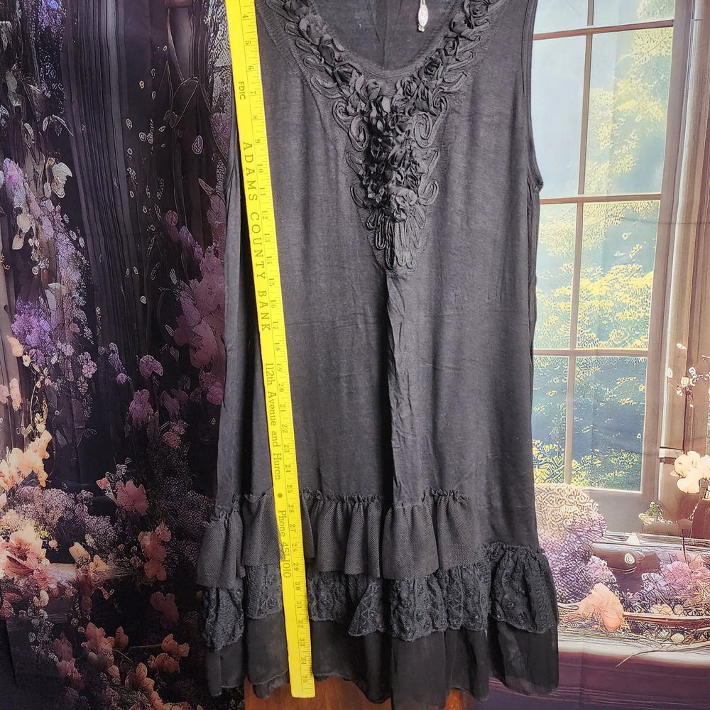 Black Silk Blend Rosette Ruffle Long Tank Top Gothic Whimsical L - Picture 6 of 7